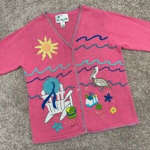 The Quacker Factory Beach Cardigan Pelican‎ Pink Women Size Large Sun Sequin